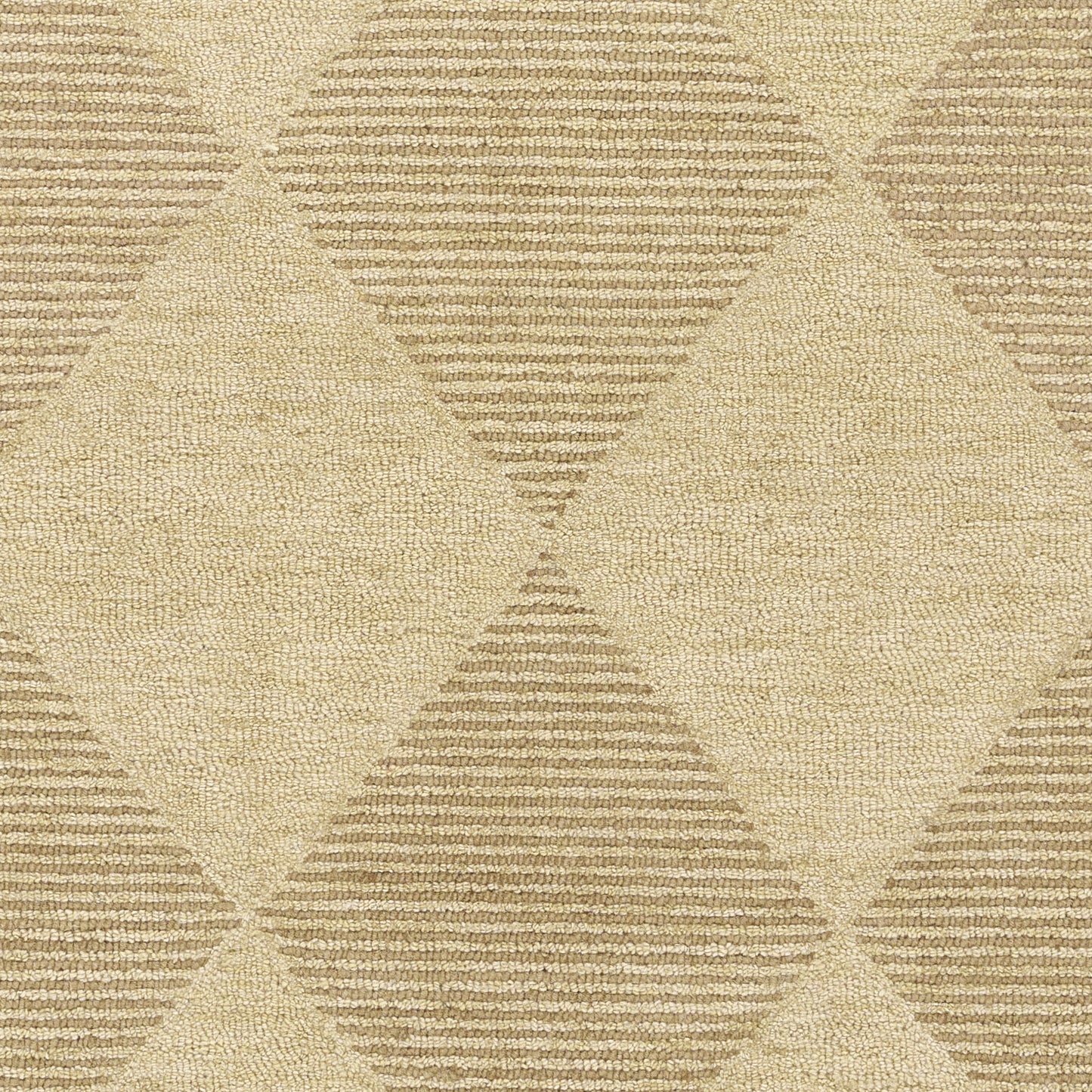 Beige diamond-pattern rug with alternating striped and solid diamonds; warm neutral woven texture.