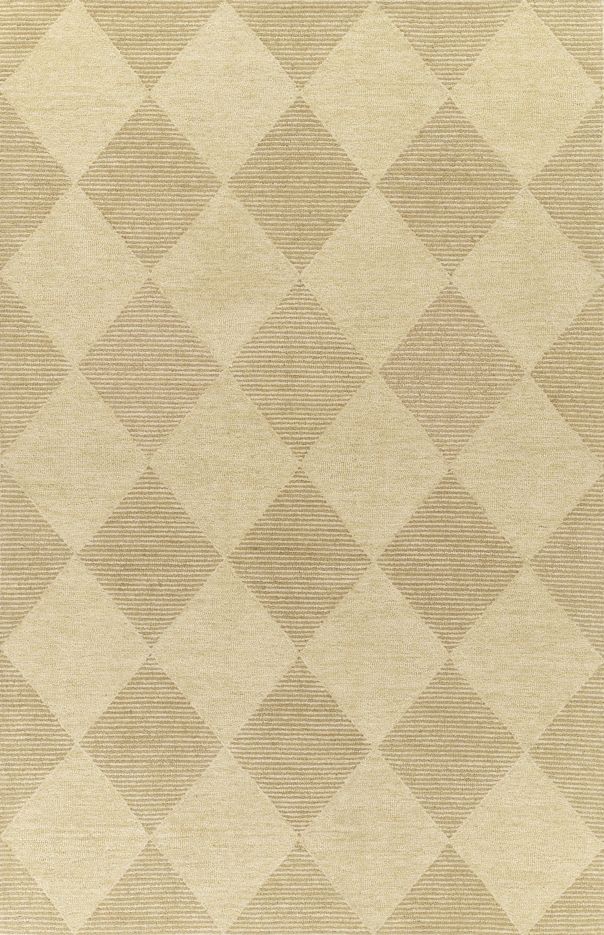Beige and tan harlequin diamond rug with alternating solid and striped diamonds, woven texture.