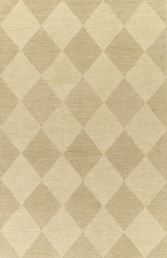 Beige area rug with large diamond pattern, alternating tan solid and striped diamonds for a soft textured look.