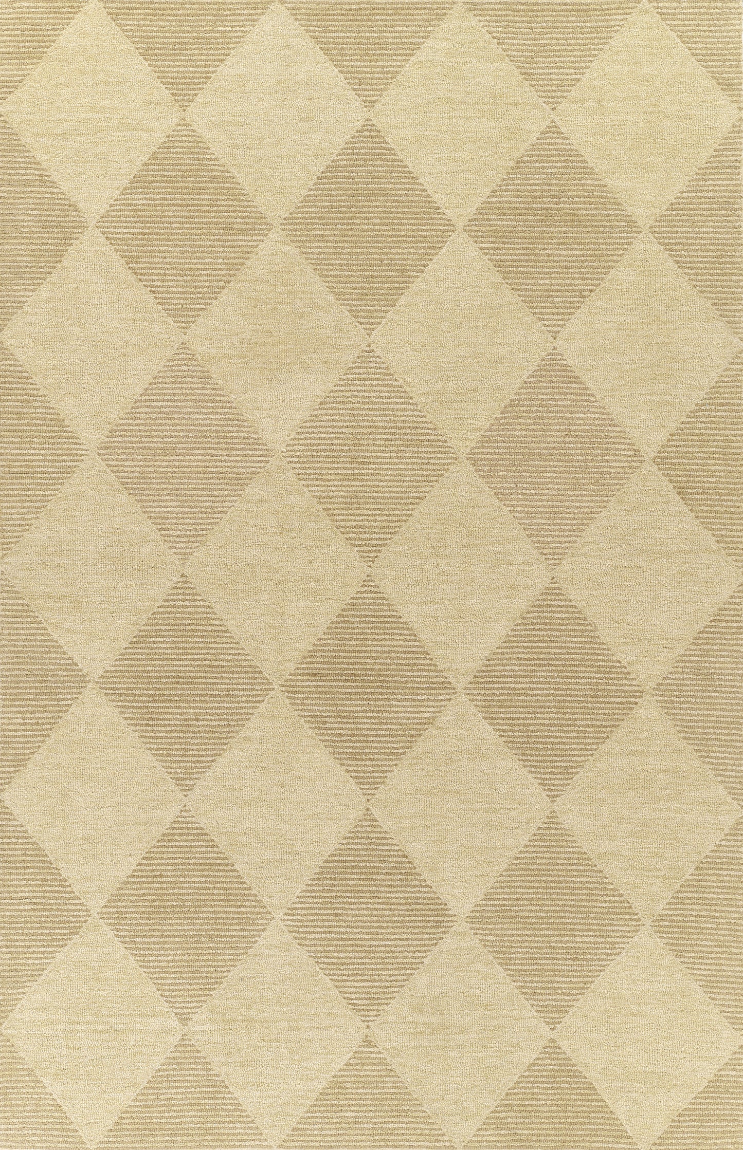 Beige geometric area rug with alternating diamond pattern; striped darker diamonds & solid light diamonds.