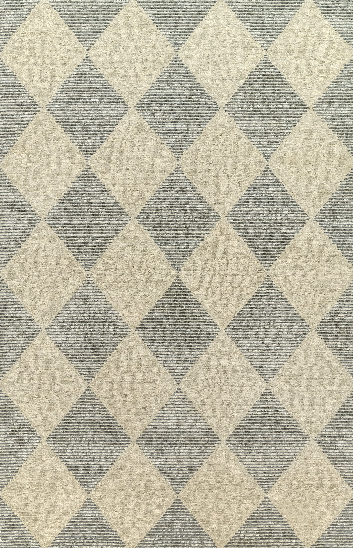 Geometric diamond-pattern area rug in beige and blue-gray striped diamonds; modern, textured decor rug.