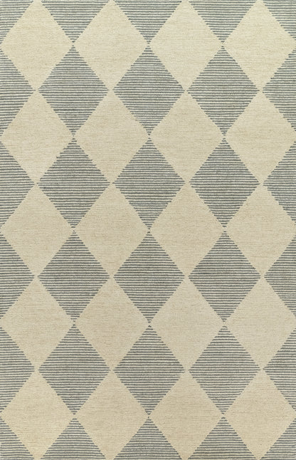 Geometric diamond-pattern area rug in beige and blue-gray striped diamonds; modern, textured decor rug.