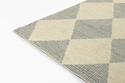 Beige and blue-gray diamond-pattern woven rug, rectangular, ideal for living room or hallway.