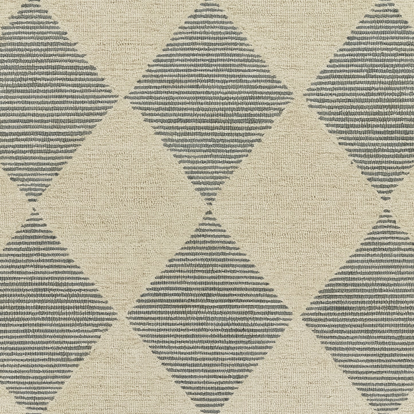 Beige geometric rug with grayish-blue diamond motifs & striped interiors; woven flatweave texture.
