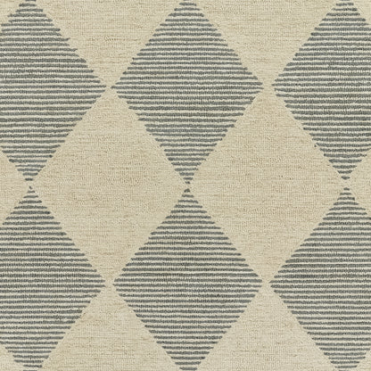 Beige geometric rug with grayish-blue diamond motifs & striped interiors; woven flatweave texture.