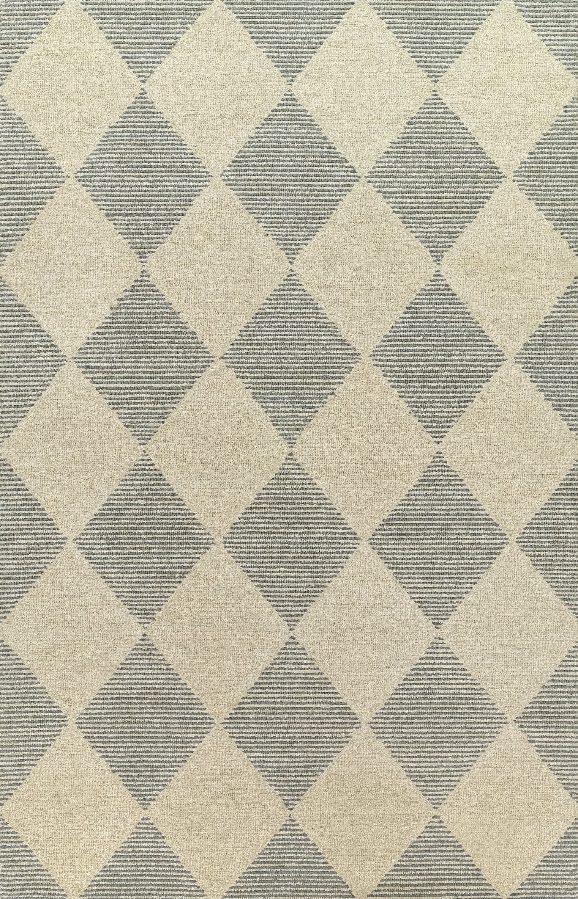 Geometric area rug with repeating beige diamonds and blue-gray striped diamonds; woven texture.