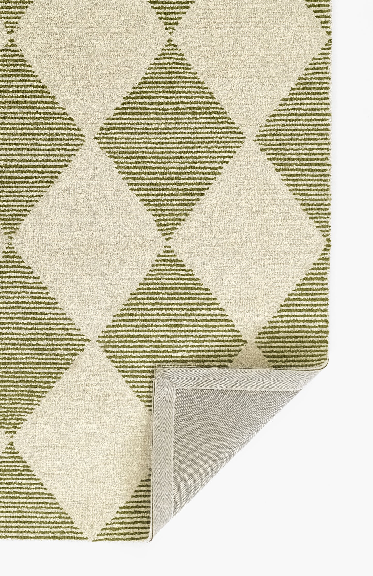 Olive green and beige geometric diamond area rug; woven texture with striped diamonds, corner folded to show backing.