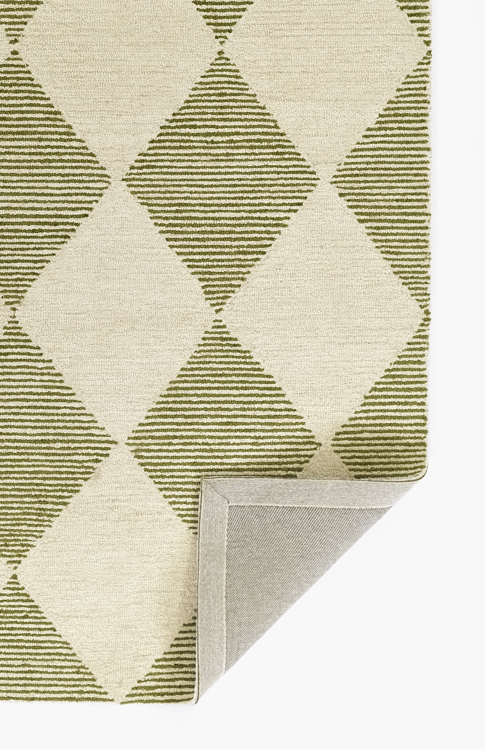 Olive green and beige geometric diamond area rug; woven texture with striped diamonds, corner folded to show backing.