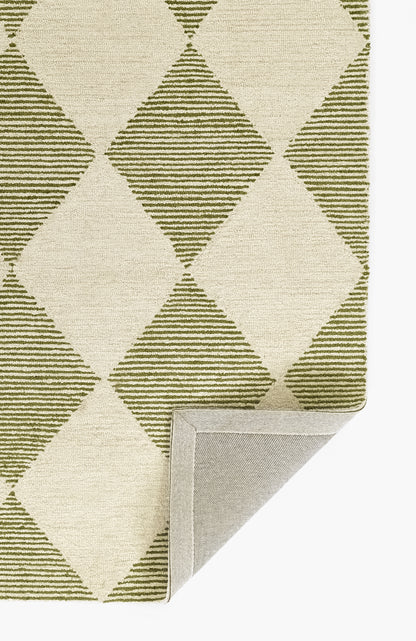 Olive green and beige geometric diamond area rug; woven texture with striped diamonds, corner folded to show backing.