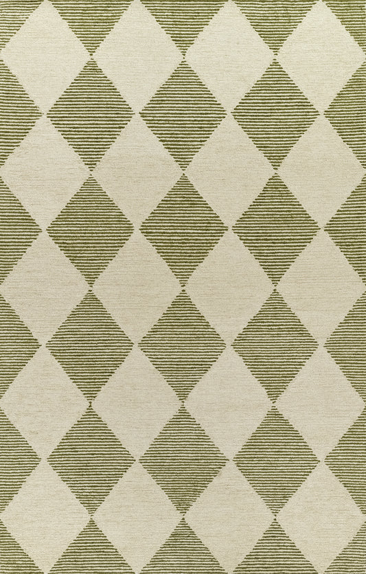 Olive-green and beige diamond-pattern rug with striped diamonds; woven texture, modern geometric design