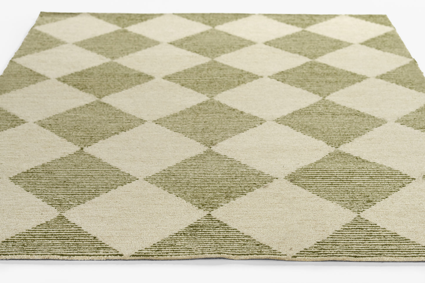 Rectangular olive green & beige diamond-pattern rug with a textured weave.