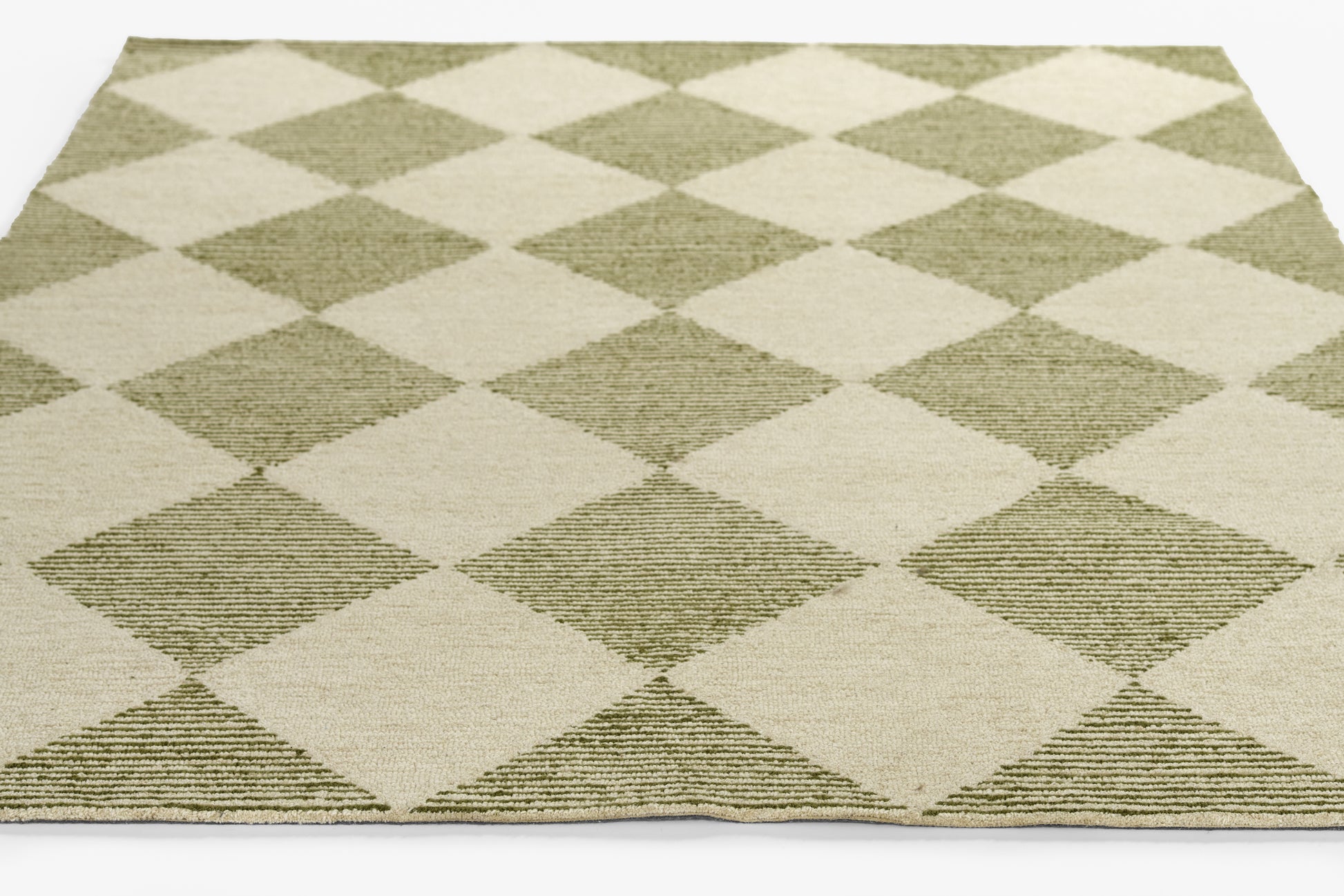Rectangular olive green & beige diamond-pattern rug with a textured weave.