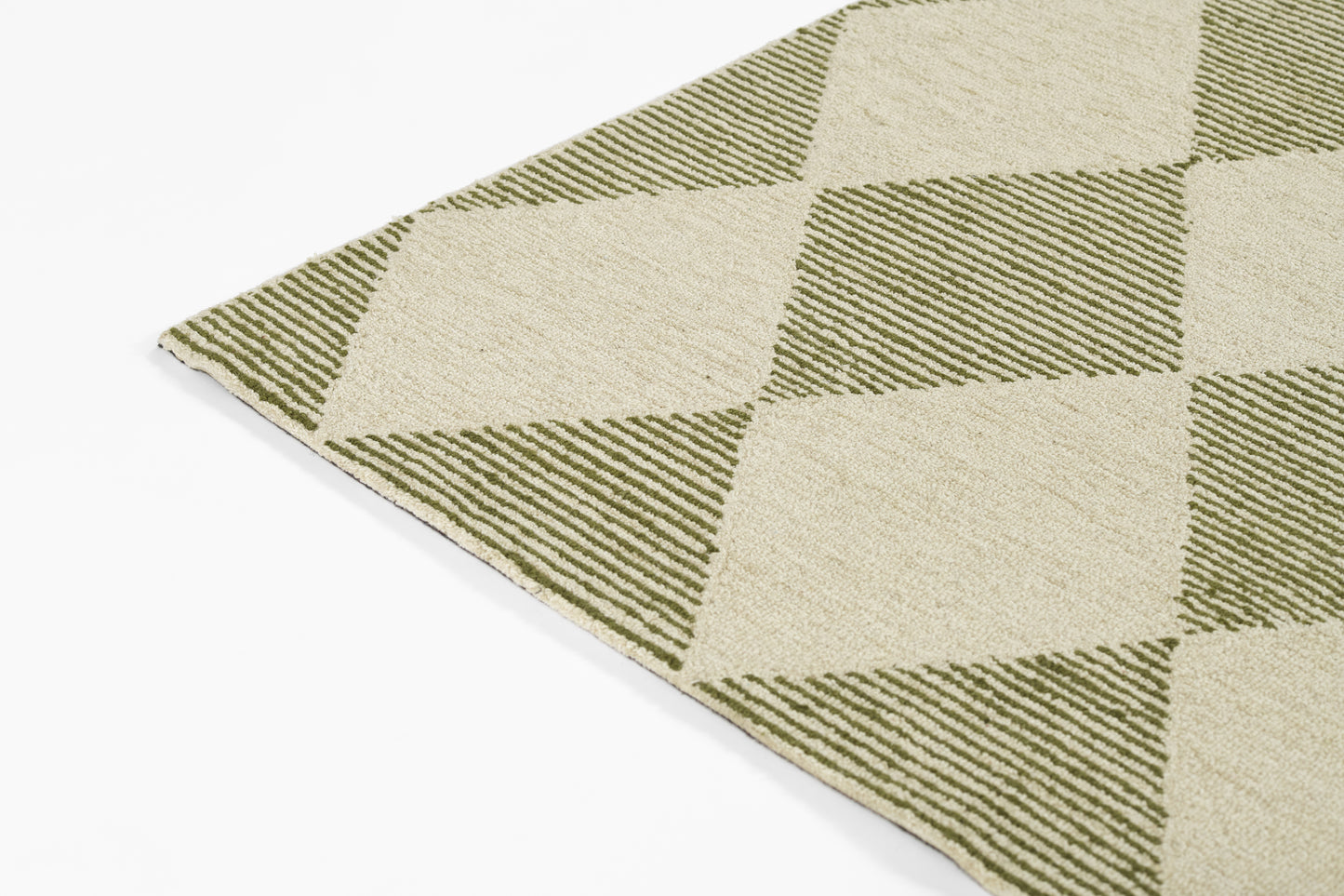 Rectangular beige and olive-green diamond-pattern rug with a woven texture and geometric modern style.