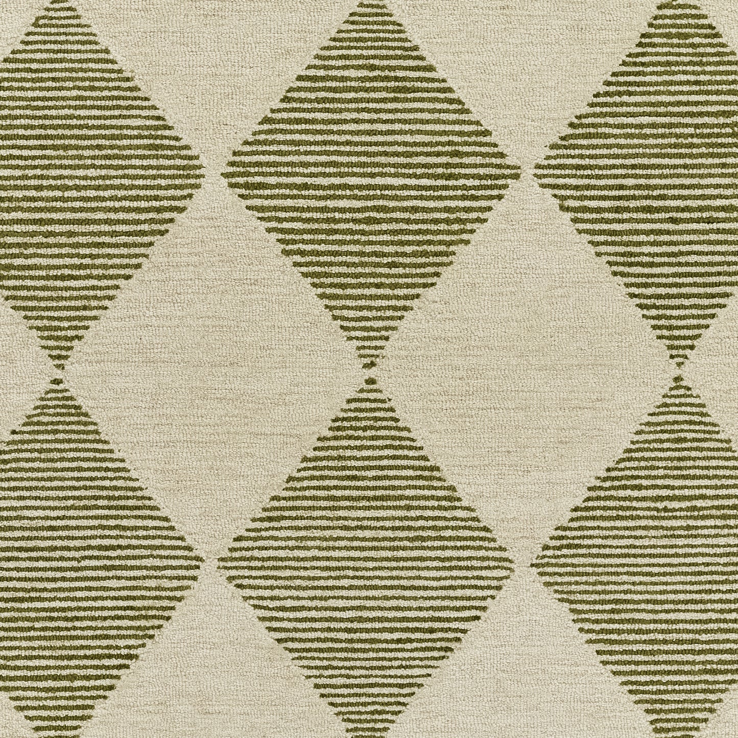 Beige rug with oversized olive-green diamonds featuring horizontal stripes for a modern geometric look.