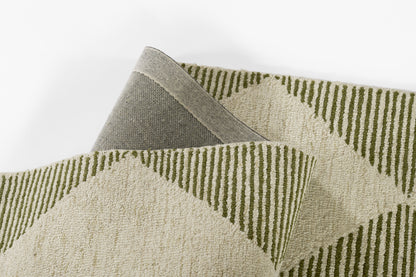 Beige rug with olive green geometric diamond stripes; woven texture, 2' x 3'.