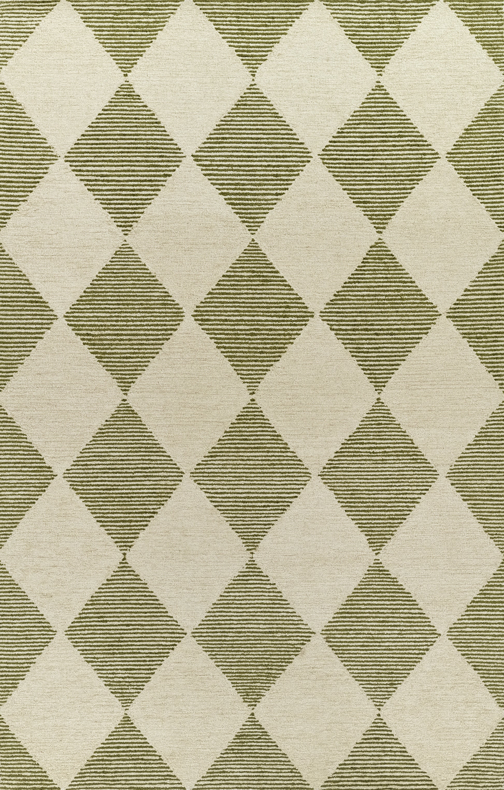 Olive green and cream diamond-pattern area rug with striped diamonds.
