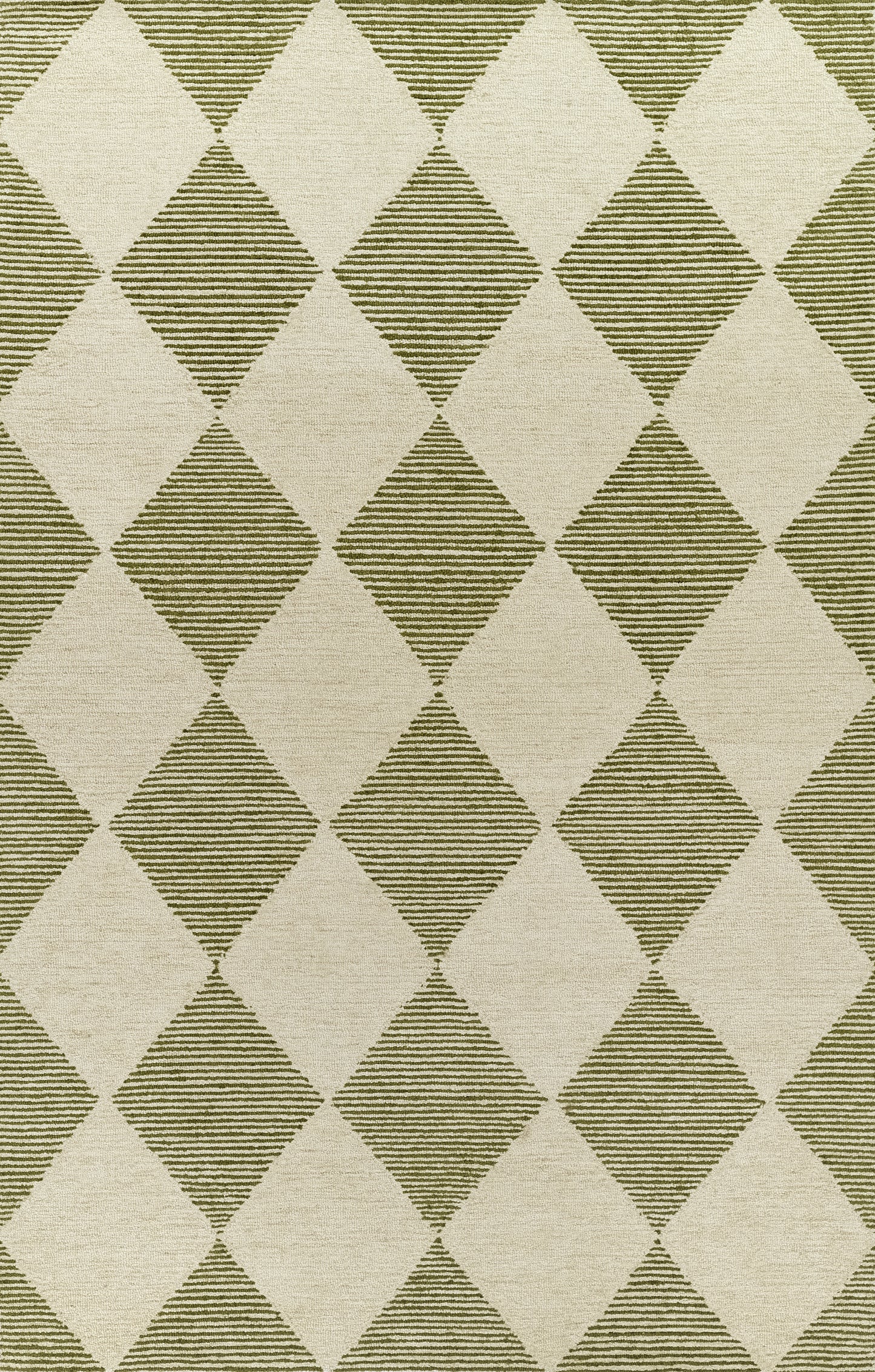 Patterned area rug with alternating beige diamonds and olive-green striped diamonds.