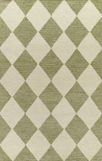 Patterned area rug with alternating beige diamonds and olive-green striped diamonds.
