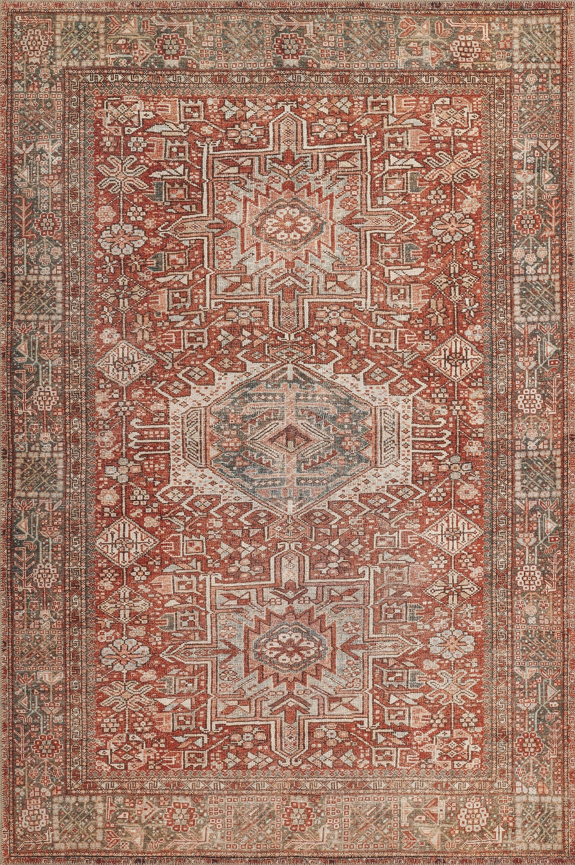 Persian-style red rug with a central ivory medallion, geometric motifs, and ornate borders in ivory and muted blue.