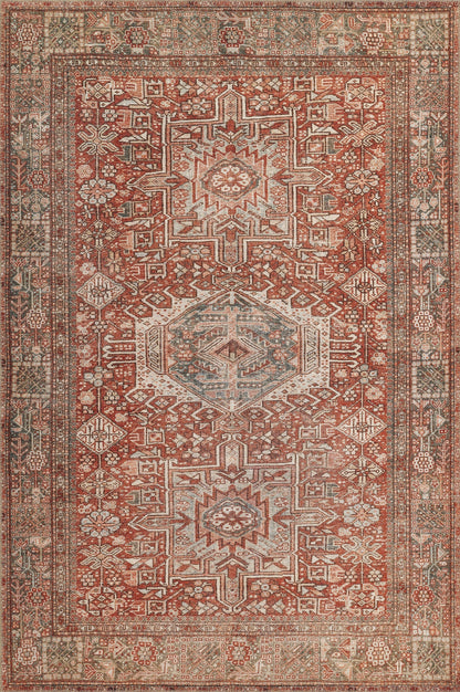 Persian-style red rug with a central ivory medallion, geometric motifs, and ornate borders in ivory and muted blue.