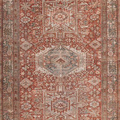 Rectangular Persian/Oriental rug with red field, ivory central medallions, blue-green accents, geometric motifs and floral border.