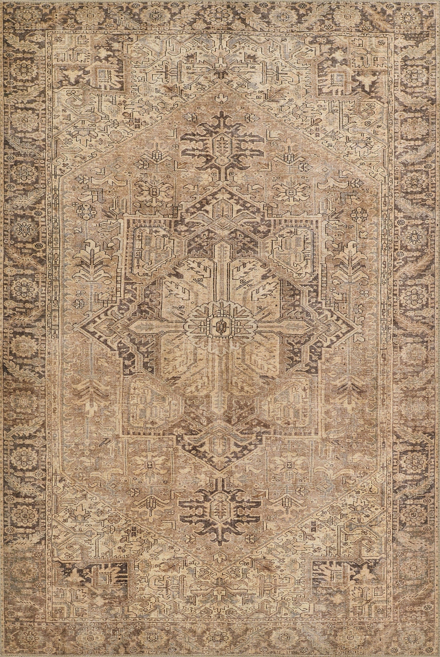 Neutral beige-brown Persian-style area rug with a central medallion, distressed pattern, and ornate borders.