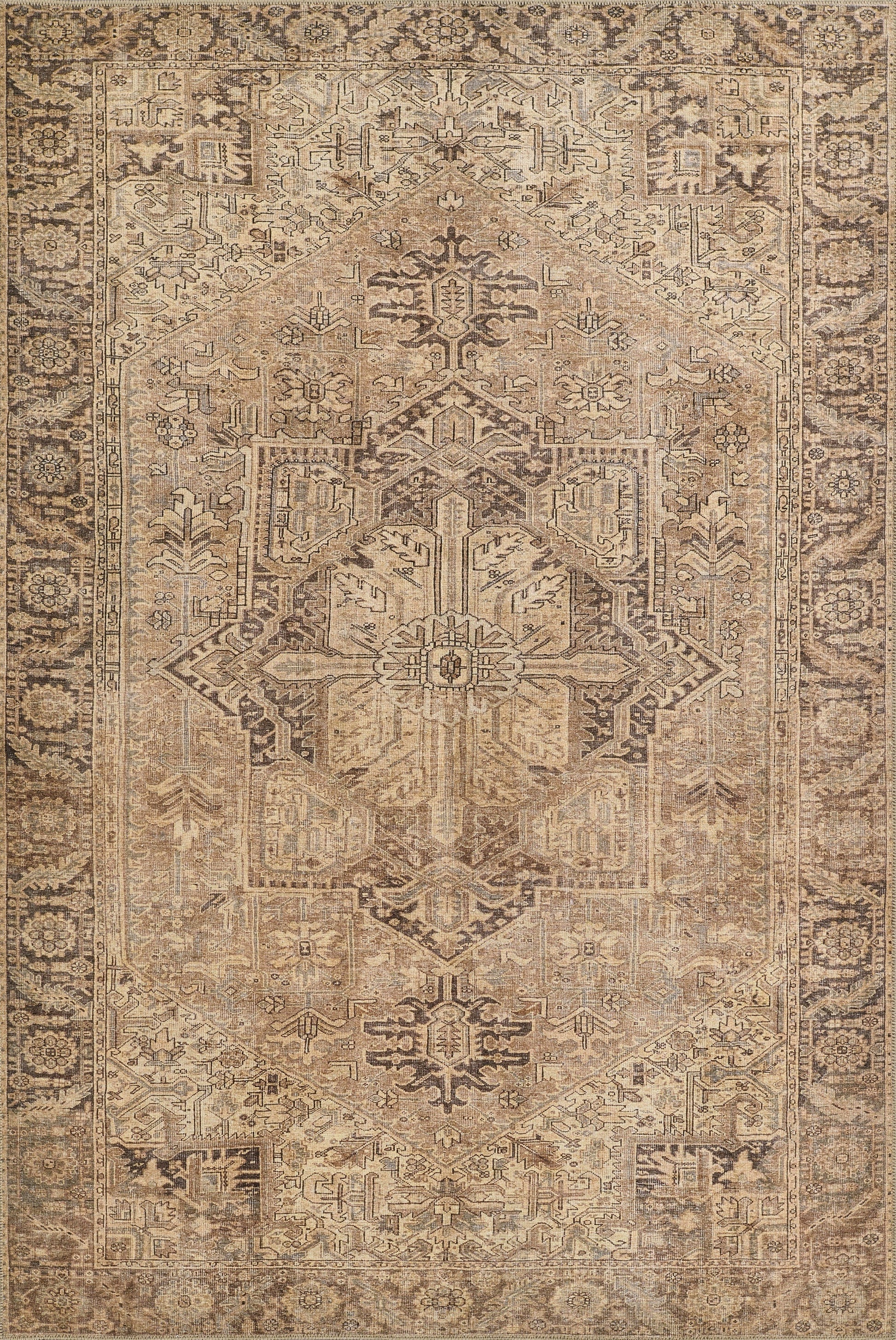 Distressed beige oriental runner 2'3" x 7'6" with a large central medallion, brown and ivory patterns, and an ornate border.