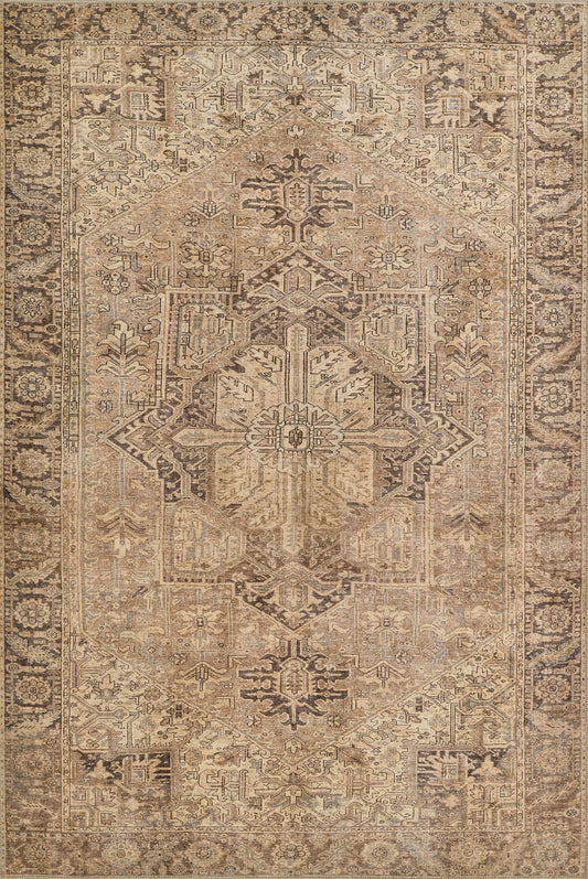 Rectangular oriental-style rug in sandy beige and walnut brown with central medallion and floral border.
