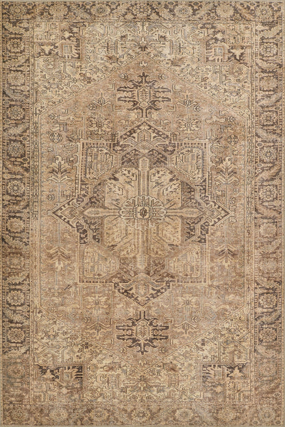 Arianari beige-brown oriental rug with central medallion, distressed geometric and floral motifs, ornate border.