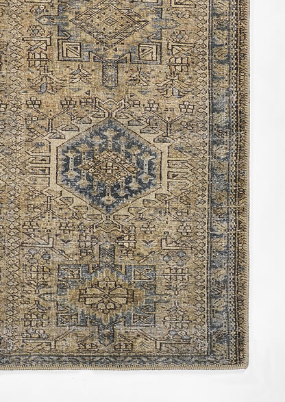 Rectangular beige and blue oriental rug with diamond medallions and intricate border.
