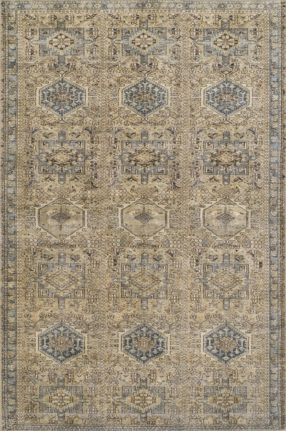 Muted beige oriental rug with blue geometric medallions, intricate patterns, and a bordered edge.