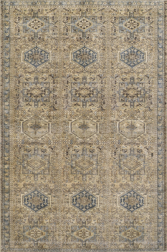 Muted beige oriental rug with blue geometric medallions, intricate patterns, and a bordered edge.