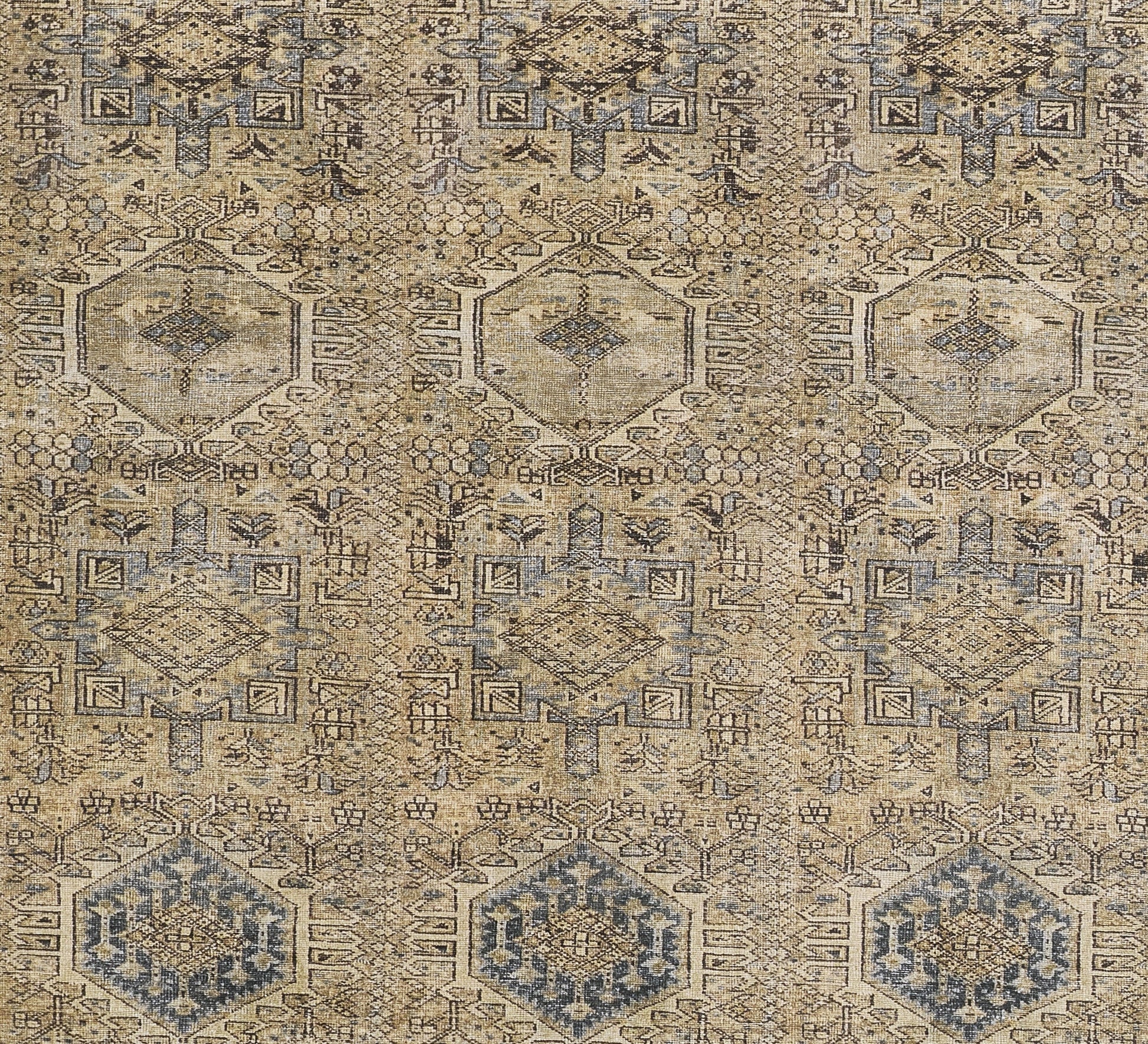 Beige-blue traditional Persian-style area rug with repeating hexagonal medallions, geometric borders, distressed look.