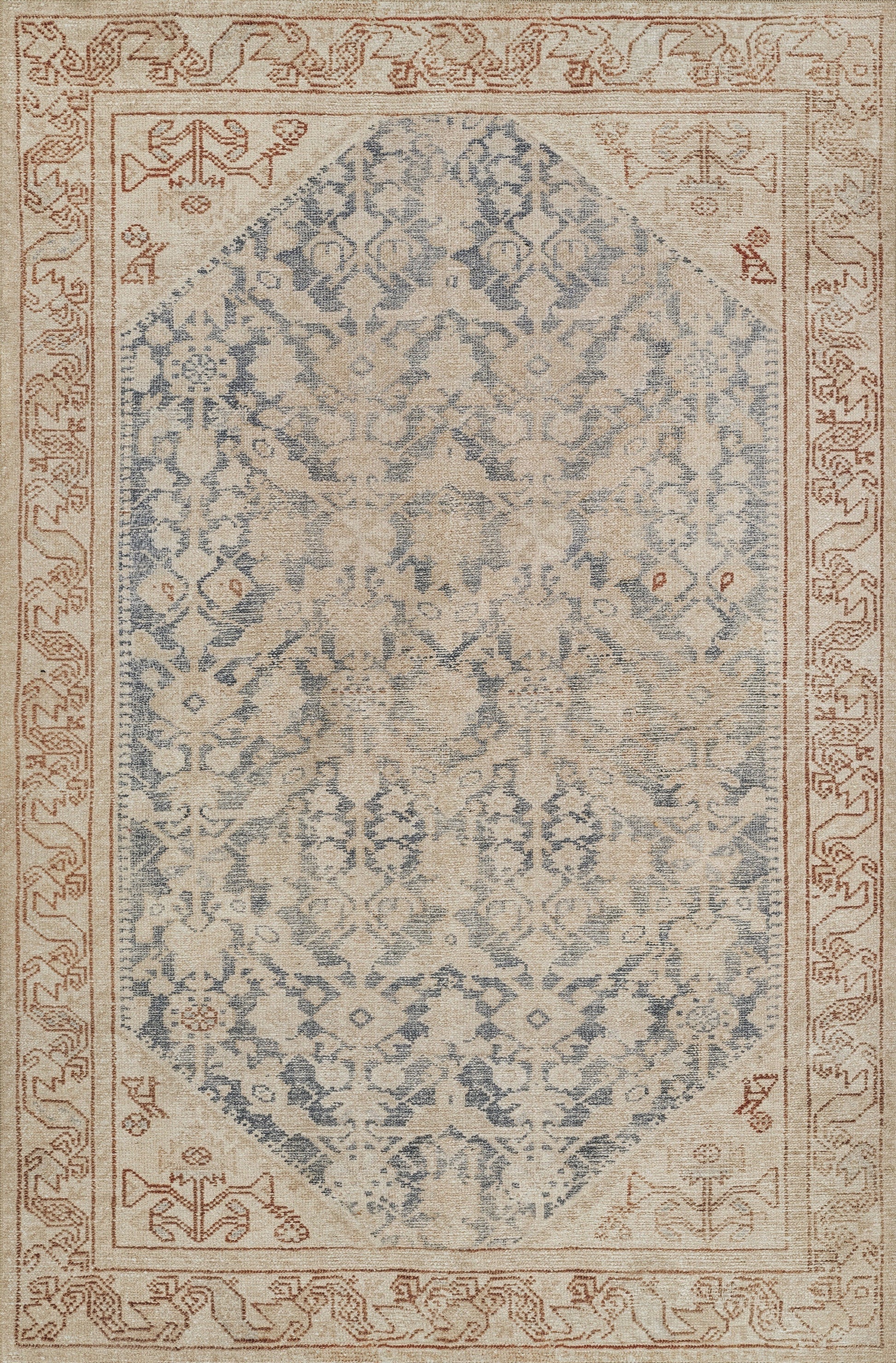Rectangular Persian-style rug with distressed blue pattern on beige field; rust border and ornate arabesque motifs.