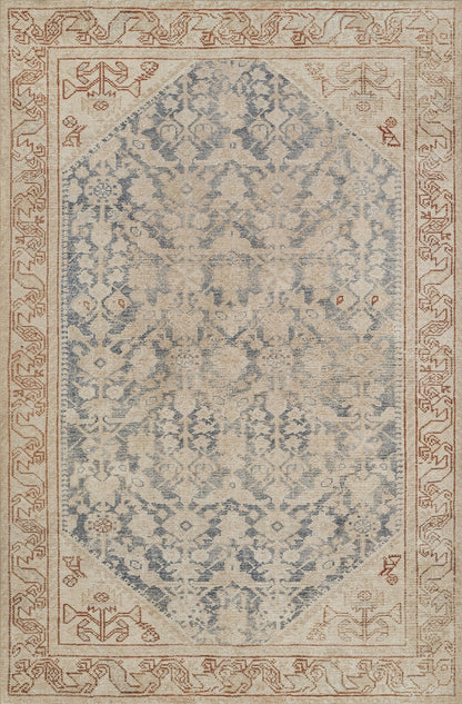 Rectangular Persian-style rug with distressed blue pattern on beige field; rust border and ornate arabesque motifs.