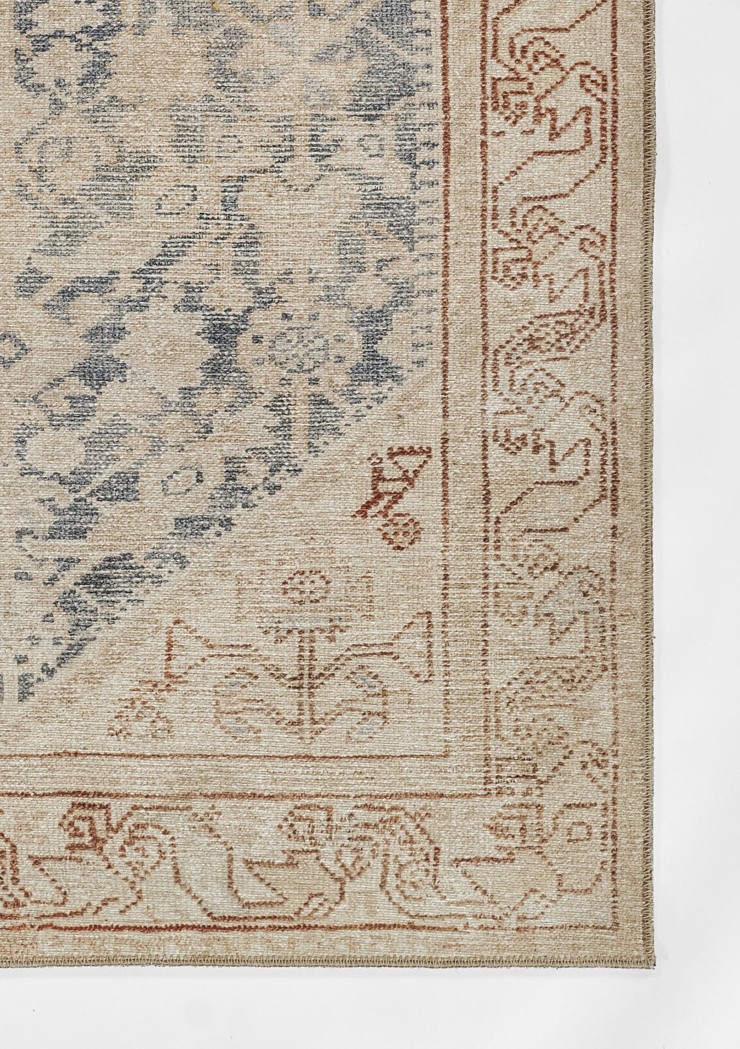 Beige and blue oriental area rug with rust border, floral motifs and distressed medallion pattern.
