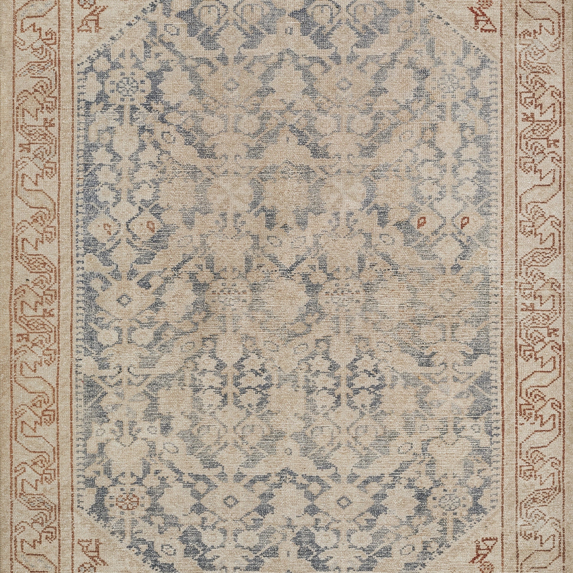 Rectangular blue-beige oriental rug with intricate floral damask pattern and red-brown border.