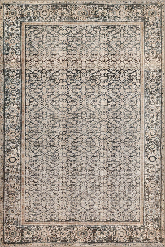 Rectangular oriental-inspired rug in cream, beige and blue tones with a distressed central field and ornate border.