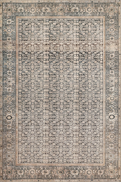 Distressed vintage Persian-style area rug in ivory, blue and tan with intricate floral border.