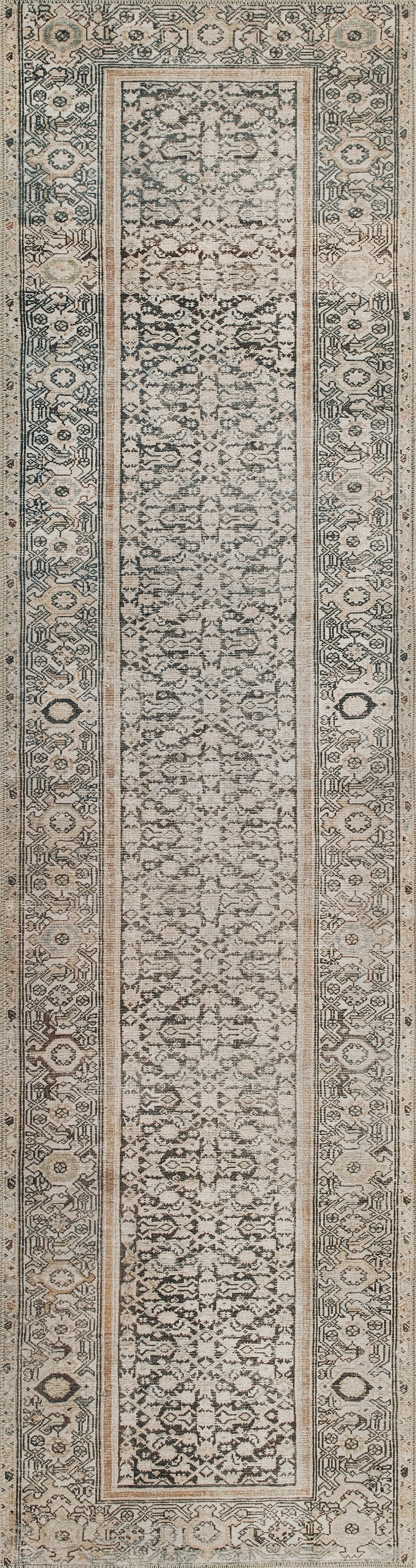 Long oriental runner rug in ivory, blue-gray and tan with dense floral pattern and decorative borders.