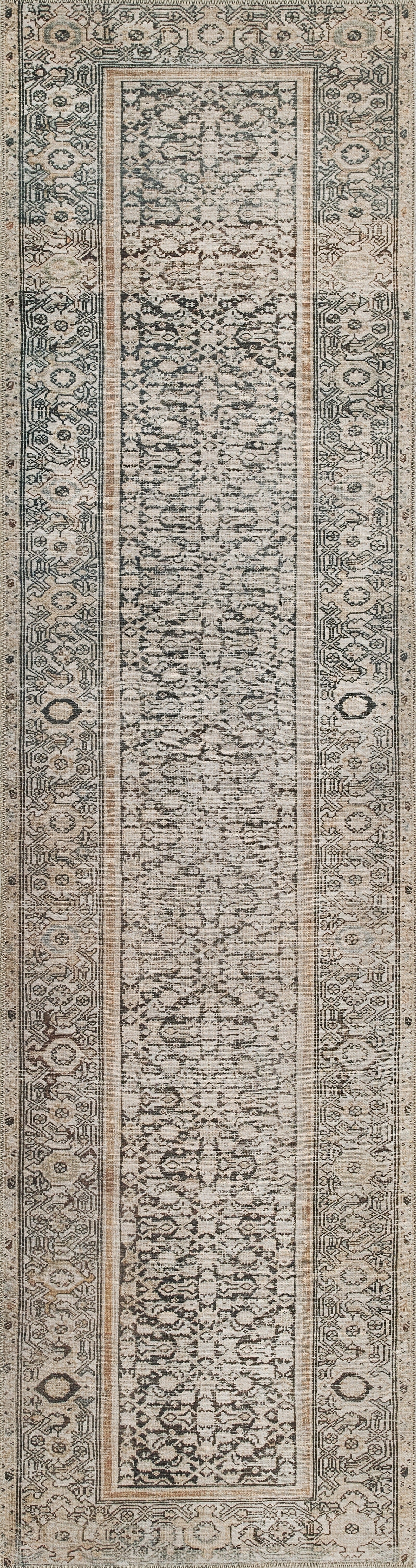 Long beige Persian-style runner rug with intricate gray-blue central pattern and tan border accents.
