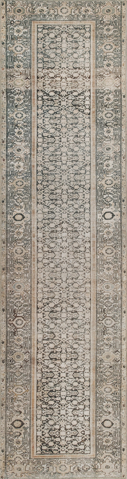 Long beige Persian-style runner rug with intricate gray-blue central pattern and tan border accents.