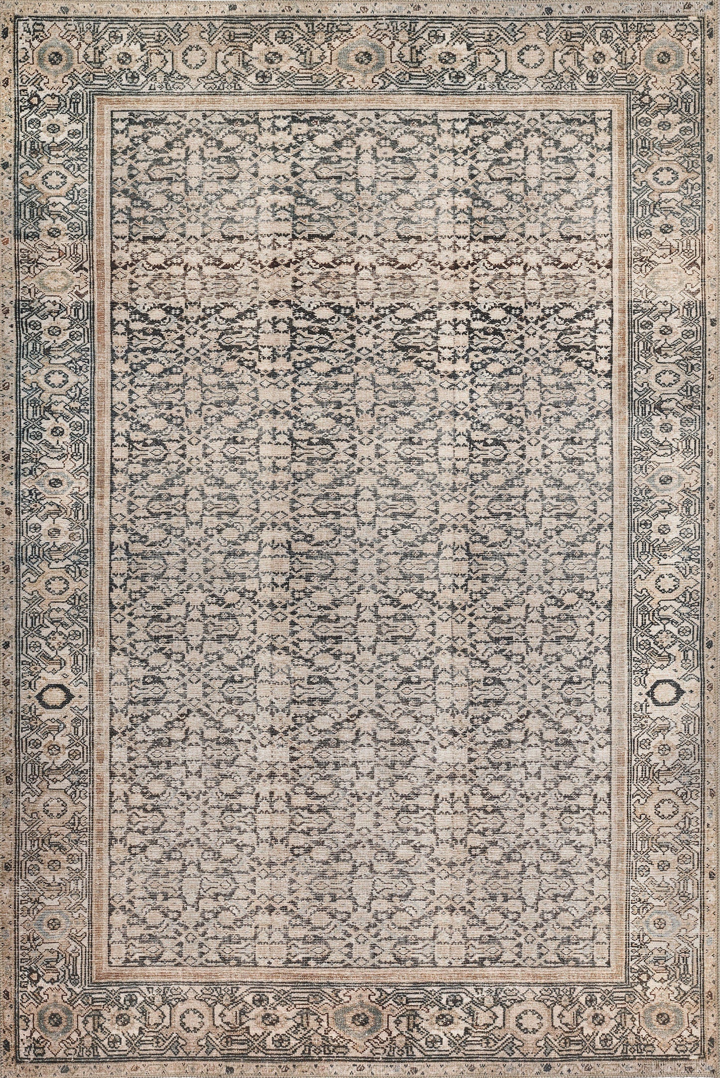 Neutral distressed oriental rug with ivory field, blue-gray motifs, and ornate border in vintage Persian-inspired style.