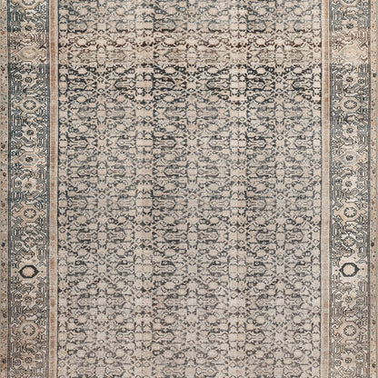 Distressed beige Persian-style rug with blue-gray geometric medallion field and ornate border.