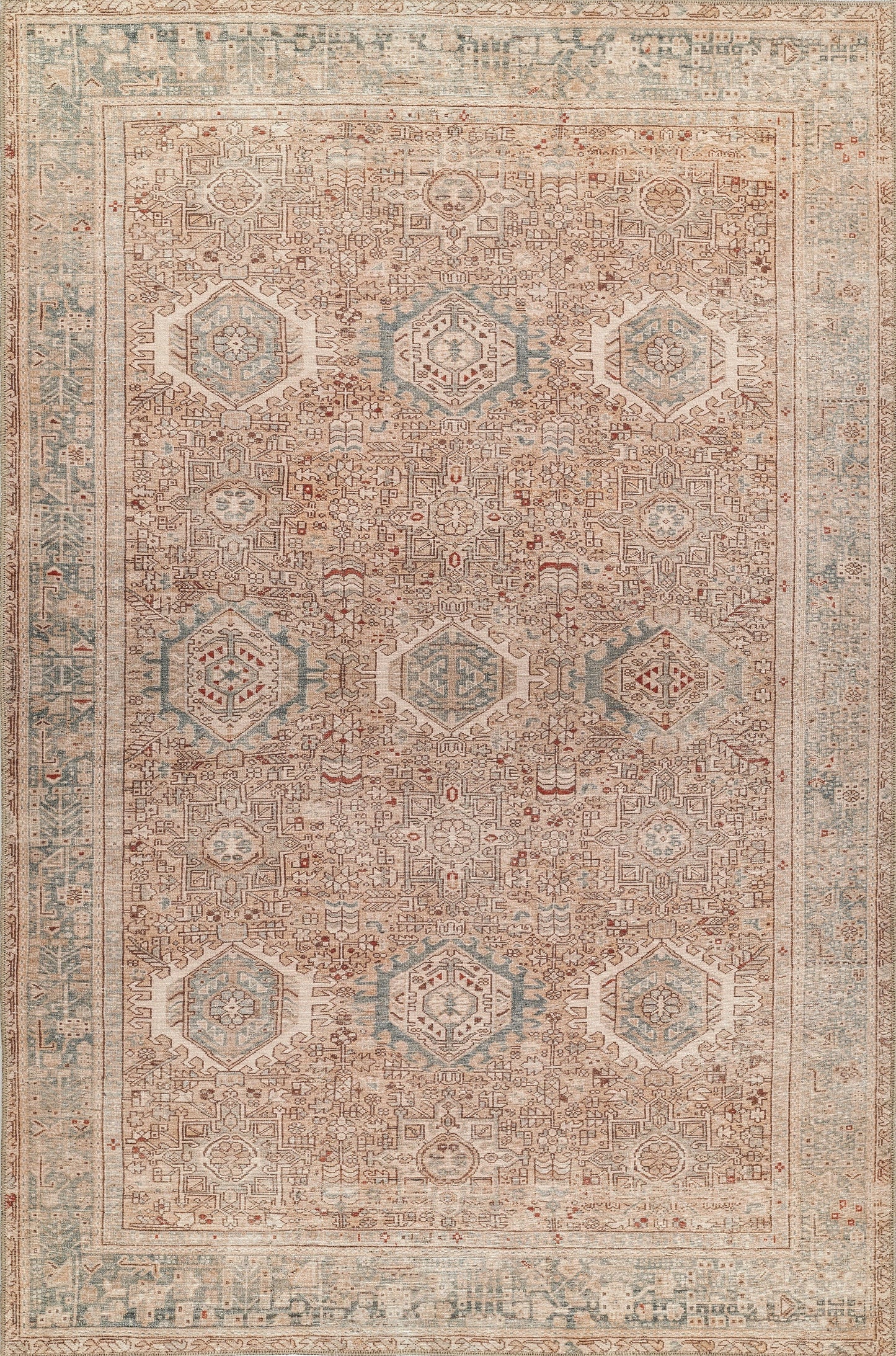 Vintage Persian-inspired area rug with ivory base, dusty blue & rust geometric floral medallions, bordered by pale blue & beige.