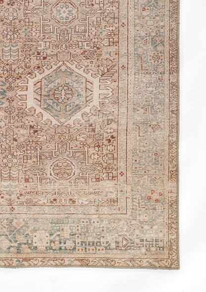 Beige oriental area rug with pale blue central medallion, intricate geometric border, rust accents; vintage decor.