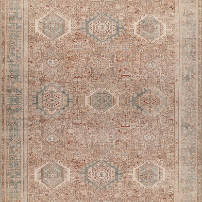 Distressed beige Persian-style rug with pale blue hexagonal medallions, intricate brown geometric motifs and blue border.