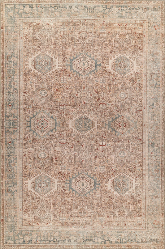 Rectangular vintage Persian-style rug with cream field, blue hexagonal medallions, rust accents and intricate motifs.