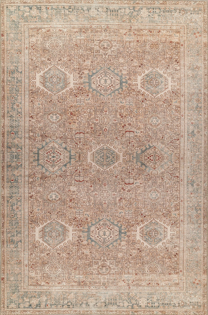Beige Oriental area rug with pale blue hexagonal medallions and intricate rust motifs; vintage Persian-inspired design.