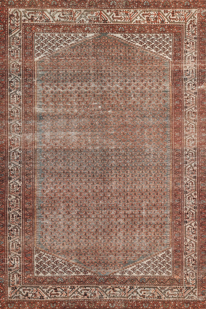 Distressed oriental rug with red border, ivory accents, blue-gray central field and geometric motifs; rectangular